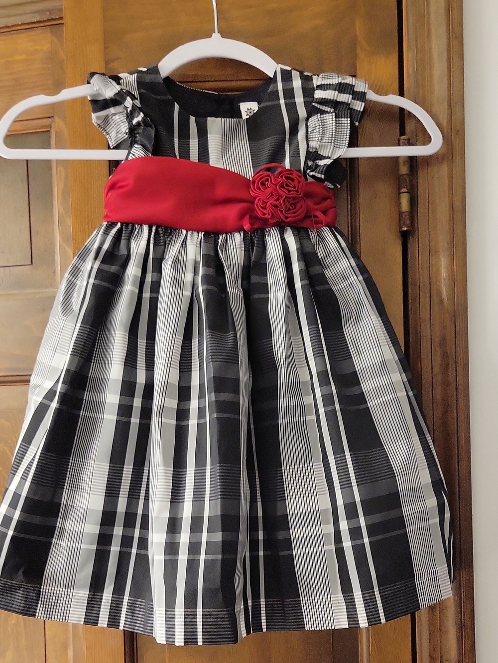 Little Girls Black & White Plaid Dress with Red Sash